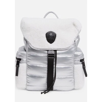 Pajar Backpack Silver Metallic Puffer Sherpa Trim Accents Flap Closure TU/OS