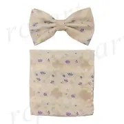 Men's microfiber Pre-tied Bow Tie & hankie set Beige flowers formal wedding prom