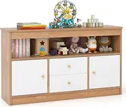 HONEY JOY Toy Storage Organiser for Kids, Storage Chest with 2 Drawers, 2 Closed Cabinets and 1 Open Compartment for Books and Dolls, Bookshelf and Floor Cabinet for Playroom Nursery (Natural)