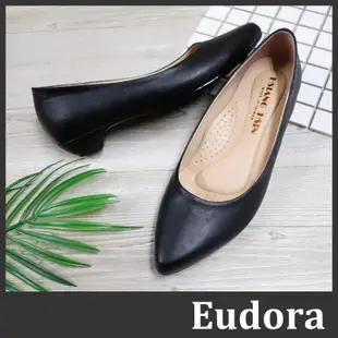 【Eudora】MIT台灣製 面試鞋 黑色皮鞋 上班族 尖頭低跟鞋 上班鞋 尖頭包鞋 素面皮革粗低跟軟底 包鞋 低跟鞋