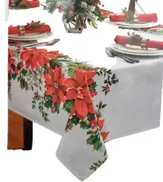 Jacquard Tablecloth 60"x84" Oval,CHRISTMAS POINSETTIA FLOWERS,FESTIVE BOUQUET,BM