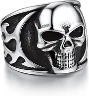 [Bandmax] Mens Skull Rings, Stainless Steel Skull Skeleton Band Rings for Men Women Sugar Skull/Flame Skull/Full Skull Ring Gothic Punk Biker Jewelry, No Gemstone, No Gemstone