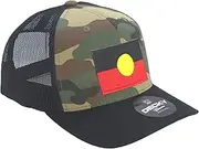 Camouflage Trucker Cap with Australian Aboriginal Flag, Black Mesh Backing