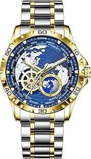 [GLENAW] Automatic Watches for Men, Blue Rotating Little Earth Blue Dial Men's Mechanical Watch Luminous Hands, 3ATM Waterproof Steel Strap Stopwatch
