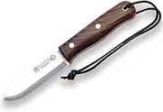 Hiking knife Joker "Trampero S" CN124, Walnut Wood Handle, 10 cm blade in steel Sandvik 14C28N, brown leather Sheath, Tool for camping and hiking