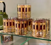 CULVER CRANBERRY 24k GOLD SCROLL OLD FASHIONED MCM GLASSES SIGNED - 7 Qty