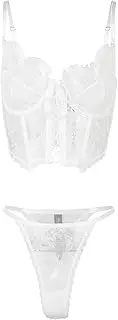 [MookiFree] Floral Lace Bustier Corset sets Tops Spaghetti for Women - Sexy Going Out Party Club Top with thong（S-3XL）
