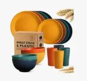 16-Piece Kitchen Plastic Wheat Straw Dinnerware Set, Service for 4, Dinner Plate