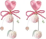 [RYEPOLNIX] Handmade Earrings Pink Heart Ribbon Beaded Ball Tassel Stud Earrings Summer Beach Sweet Cute Cool Girls Party Earrings/687