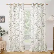 BGment Linen Curtains for Living Room 90 Inch Length 2 Panels, Floral Leaf Patterns, Light Filtering Window Privacy Boho Curtains for Vintage Farmhouse Dining Room, Each 52 Inch Wide, Grass Green