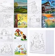 Meanplan 12 Pcs Pre Drawn Canvas for Painting for Adults 4 x 4 Inch Pre Printed Stretched Canvas with Pictures to Paint DIY Outline Boards for Party Favor Beginner Art Gifts(Village and Sea Style)