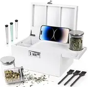 TISEMENT Large White Bamboo Box with Combination Lock, Decorative Storage Box with Detachable Compartment, Wooden Boxes with Alright Jars & Brushes & Storage Tubes as Great Gift Choice.