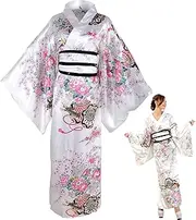 Kimonos for Women, Peony Printed Silky Japanese Kimono with Belt, Traditional Japanese Clothes, Yukata Robe for Girls Cosplay Party (White)
