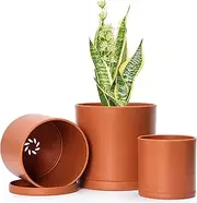4 Inch 5 Inch 6 Inch, Set of 3 Plastic Planter Pots for Plants with Drainage Hole and Seamless Saucers, Terracotta Color, Small, 74-E-S-3