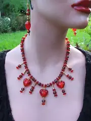Artisan Handcrafted HEARTS Red Czech Glass Beaded One Of A Kind Necklace Set