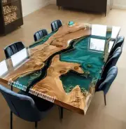 Green Epoxy Dining Table, Walnut Wood Epoxy table, Live Edge Wood table top