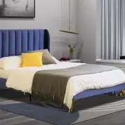 Istyle Modern Classic Herman Double Velvet Bed Frame Blue with Gold Legs