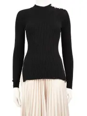 Black Wool Ribbed Medusa Button Top