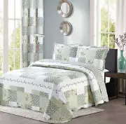 New Reversible 3Pc Floral Printed Patchwork Blue/Green Bedspread/Quilt Set Match