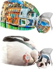 [WOSHJIUK] Working Hat 2 Pack Scrub Caps for Women,Building Oil Painting City,Tie Back Cap Adjustable Scrub Hat