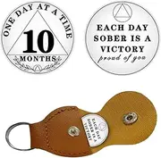 Sobriety Coin 10 Month Sober Anniversary ONE Day at A TIME AA Recovery Medallion Chip Recovery Token NA OA Great Sobriety Gifts for Men Women Alcoholics Anonymous PU Leather Keychain Included