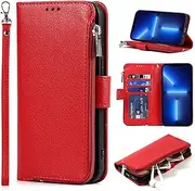 Cavor for iPhone 14 Pro Max Case,PU Leather Zip Pocket Wallet Flip Cover Case Magnetic Closure Book Design with Kickstand Feature & Card Slots Compatible with iPhone 14 Pro Max(6.7")-Red