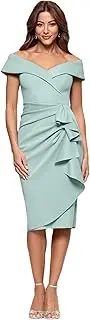[Xscape] Women's Short Scuba Off-The-Shoulder Ruffle Midi Dress with Center Back Zipper