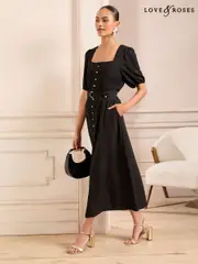 Love & Roses Black Square Neck Short Sleeve Belted Button Through Mid Dress (AU9978) | $143
