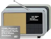 Portable DAB+ Radio with Bluetooth, Rechargeable Battery with 12 Hours Playtime or Mains Operation, IPX4 Waterproof, FM Radio, 40 Presets, Lemega CR7 (Grey, Class Compact)