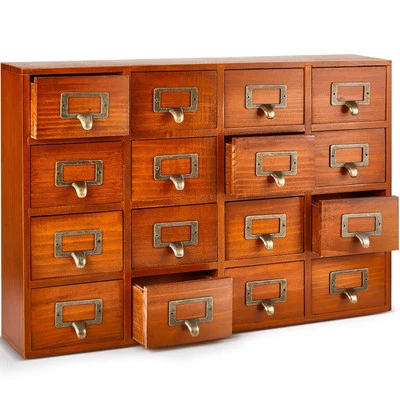 Wooden Vintage Box 16 Drawers Apothecary Cabinet Library Card Catalog Tabletop