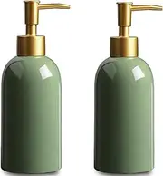 2Pack Ceramic Soap Dispenser Green with Gold Pump,Modern Design Cylindrical Lotion Dispenser Bottle,Refillable Liquid Hand Soap Dispenser for Kitchen,Bathroom,Washroom