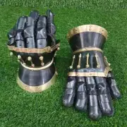 Medieval Armor Gauntlets, Brass Accent Full Finger Functional Halloween Gloves