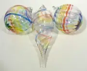 HAND BLOWN GLASS CHRISTMAS ORNAMENTS, SET OF 3, RAINBOW COLORS, DIRWOOD, n3518