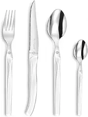 Lou Laguiole Rising Sun Cutlery Set for 6 People, 24 Pieces, Glossy White, Cutlery for 6 People, Dishwasher Safe, 18/0 Stainless Steel with Micro Teeth, 6 x Knife, Fork, Spoon and Coffee Spoon