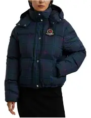 [Polo Ralph Lauren] Plaid Beaded-Crest Down Coat in Green