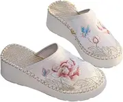 [GHAKKE] Women's Chinese Style Peony Floral Embroidery Slippers Home Casual Thick Sole Slippers National Style Wedge Heels Cloth Shoes Fashion Platform Mule Shoes(White,6.5)