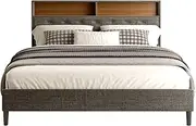 LED Bed Frame with Storage Headboard Double Size Platform Mattress Base Foundation Shelf Bedroom Furniture Wooden Slat Fabric Grey 138x195x103cm