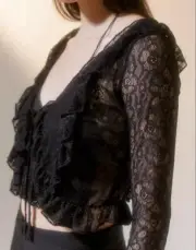 UO Stella Sheer Lace Tie-Front Blouse Top Crop Slim-Fit NWT Black S Ruffle MP$50