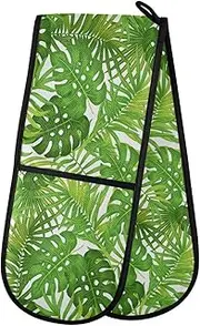 Long Double Oven Mitts, Tropical Palm Leaves Leaf Heat Resistant Quilted Kitchen Oven Gloves with Loop Washable for Microwave Cooking Baking Grilling Barbecue, 7" x 35"