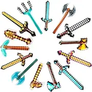 14 Pcs Inflatable Weapons Toys Blow Up Pixel Diamond Swords Axe Pickaxe Hatchets Inflatable Sickle Shovel Trident Set for Kids Halloween Birthday Cosplay Pool Pixel Theme Party Supplies