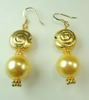 Golden Shell Pearl Earrings Fancy Swirl Beads Handmade