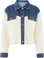 [Generic] Women's Contract Color Denim Patchwork Knitted Cardigan Lapel Single Breasted Sweater Coat