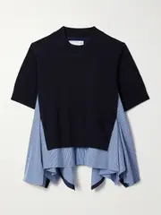 [Sacai] Sacai - Paneled Cotton And Poplin Sweater - Blue - 3 3 Blue