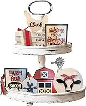 Farmhouse Tiered Tray Decor - 8X Wooden Kitchen Counter Decorations - Creative Farm Cow Rooster Tabletop Ornament for Home and Kitchen
