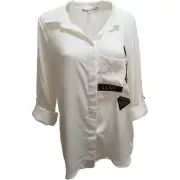Gypsies & Moondust Juniors Button Down Roll-Tab Military Patch Blouse Ivory L...