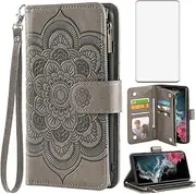 [Asuwish] Compatible with Samsung Galaxy S22 Ultra 5G Wallet Case and Tempered Glass Screen Protector Leather Flip Card Holder TPU Cell Phone Cover for Gaxaly S22ultra 22S S 22 22ultra G5 Women Men Grey