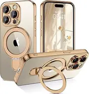 GUAGUA for iPhone 15 Pro Max Case with Kickstand, [Compatible with MagSafe] [Full Camera Protection] Magnetic Anti-Slip Sturdy Stand Anti-Yellowing Matte Back Phone Cover, Gold