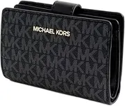 [Michael Kors] Women's Jet Set Travel Medium Bifold Zip Coin/Card Wallet MK Print, Black, M, Modern