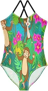 [RPLIFE] Toddler Girls Bathing Suits, Summer Beach Swimsuit Girls 3-10 Y, Playful Monkeys Jungle Green