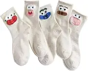 [Oxtxuzdm] 5 Pairs Cartoon Big Eyes Print Middle Calf Socks Fun Designs for Teens and Adults Comfortable Breathable Socks